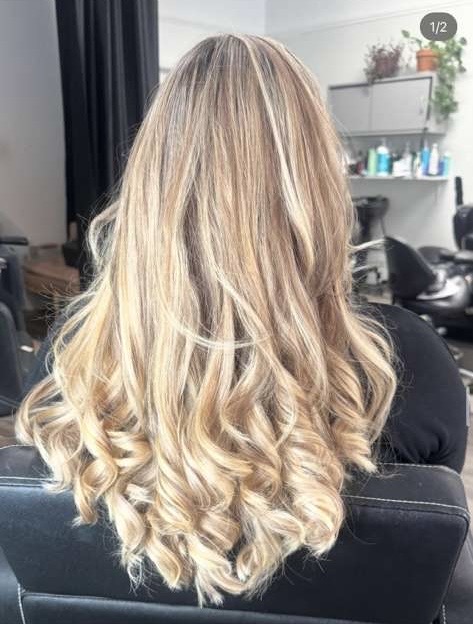 Blonde balayage curls by Salon C